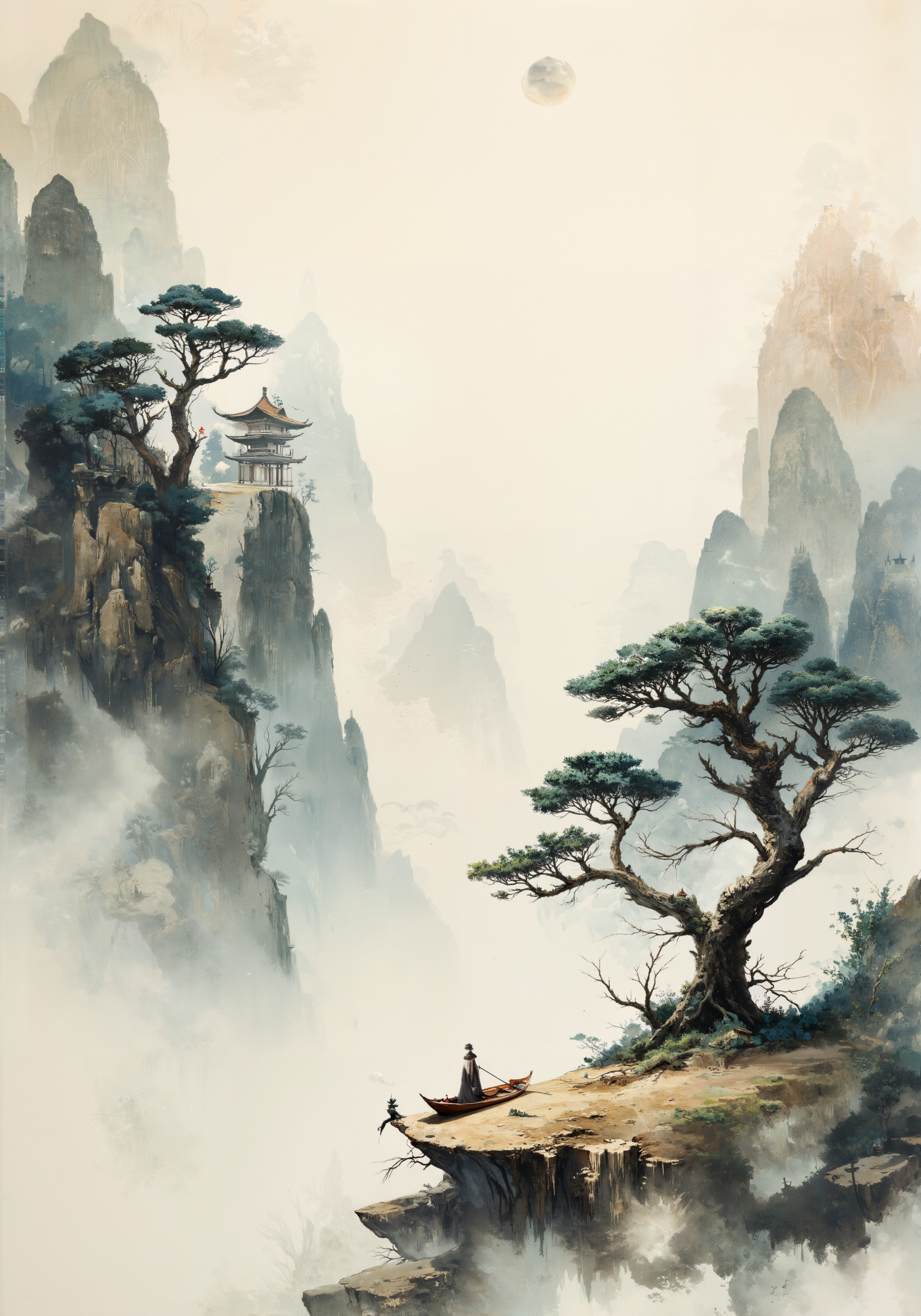 A serene literati landscape in xieyi style depicting a scholar's boat journey through misty gorges, executed with masterful dry brush technique on traditional rice paper. Flowing ink washes create ethereal mountains that emerge from subtle negative space, echoing Northern Song Dynasty compositions. Delicate calligraphic strokes define gnarled pine trees clinging to rocky outcrops, symbolizing resilience and scholarly virtue. The refined color palette features varied ink tones from charcoal black to pearl gray, accented with pale cinnabar touches. A small pavilion nestles among twisted junipers on a distant promontory, suggesting scholarly retreat. Wispy clouds drift between peaks, embodying Taoist principles of change and impermanence. The composition balances asymmetry with harmony, guiding the eye through vertical space while tiny figures in the boat provide philosophical scale. Poetic inscriptions in running script suggest the transient nature of human experience against nature's enduring presence. <lora:VividMidjourneymimic-Flux_v1.0:0.7> <lora:Organic Sauce - FLUX:0.4> <lora:Fluxartis 28.11A:0.5> <lora:FluxMythG0thicL1nes:0.1> <lora:flux_floralizer:0.2> <lora:flux_dev:1>