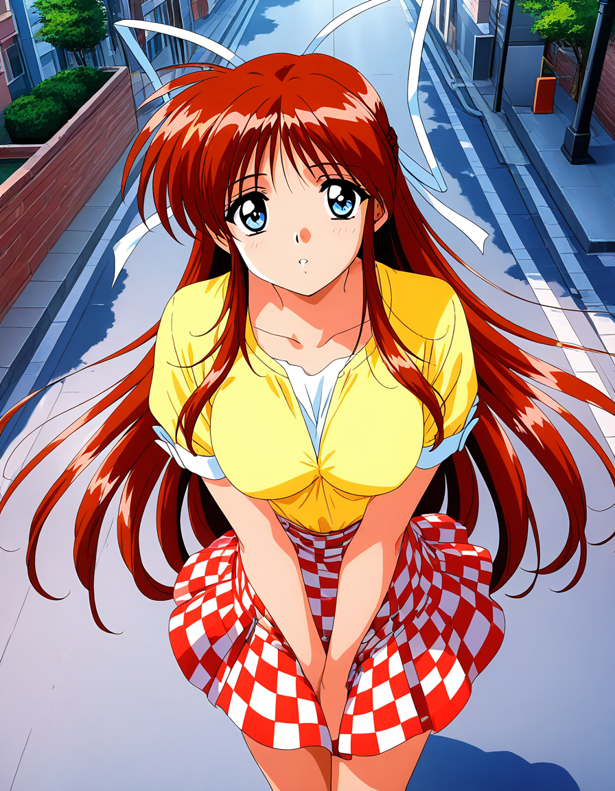 general,highres, game cg, ultra-detailed,very aesthetic,best quality ,best hands,  BREAK <lora:Hinomori_Azusa_OVA_IS:1> 1990s \(style\),anime coloring, 
Hinomori_Azusa_OVA, 1girl, very long hair, brown hair, white ribbon, blue eyes, hair ribbon, breasts, bangs, 1990s \(style\),anime coloring, 
checkered skirt, red skirt, white shirt, yellow shirt, from above, looking at viewer, parted lips, street , city , crossroads,
cowboy_Shot,