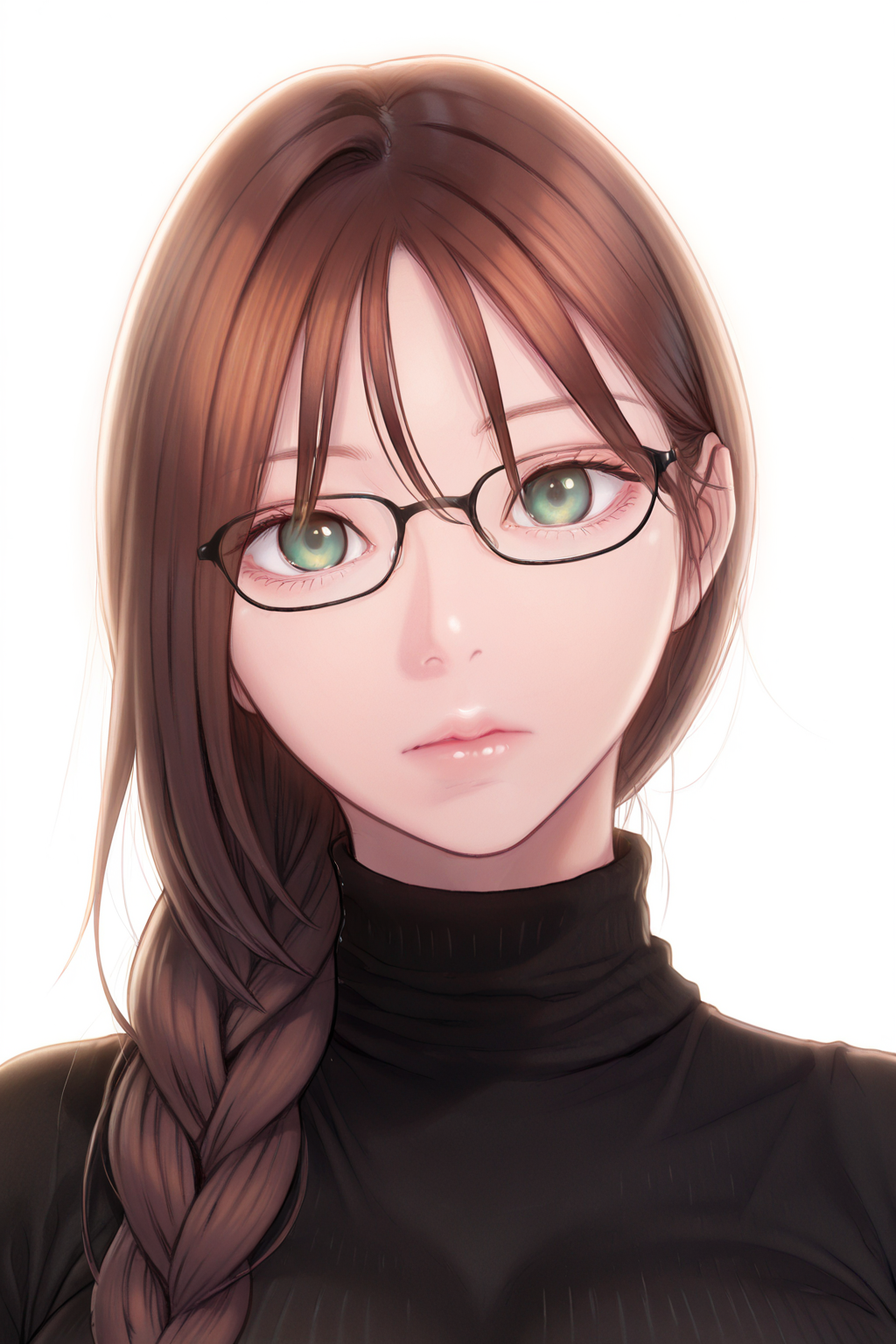 {{masterpiece,best quality,amazing quality,absurdres}}, 
BREAK
1girl, solo, white background, portrait, upper body, looking at viewer, brown hair, single braid, bangs, green eyes, black glasses, large breasts, black sweater, turtleneck, ribbed sweater, expressionless
 <lora:Park_Hyeongjun_-_Illustrious:1>