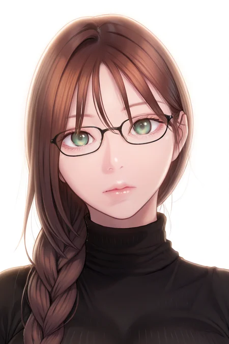 {{masterpiece,best quality,amazing quality,absurdres}},
BREAK
1girl, solo, white background, portrait, upper body, looking at viewer, brown hair, single braid, bangs, green eyes, black glasses, large breasts, black sweater, turtleneck, ribbed sweater, expressionless
<lora:Park_Hyeongjun_-_Illustrious:1>