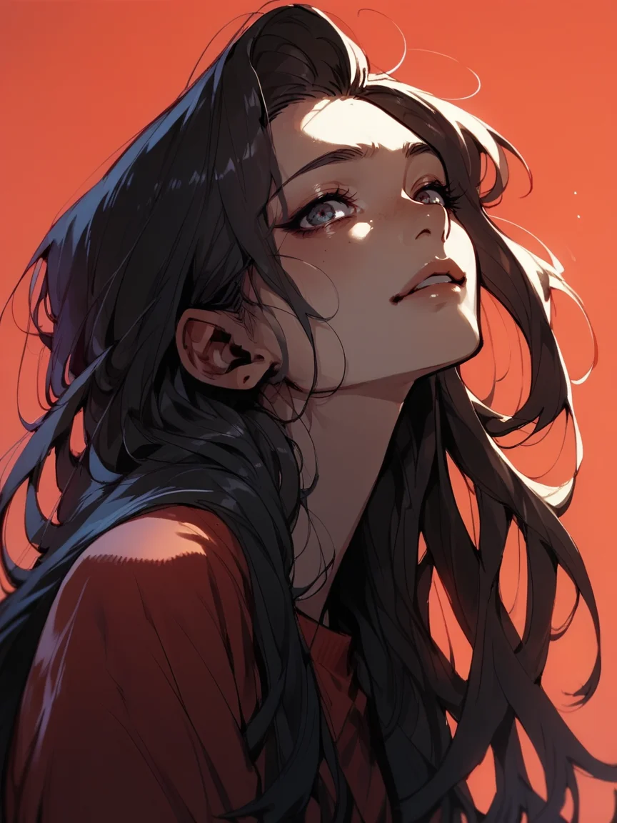 score_9, score_8_up, score_7_up, score_6_up, score_5_up,  <lora:NfXLP:1> nf, 1girl, long hair, red background