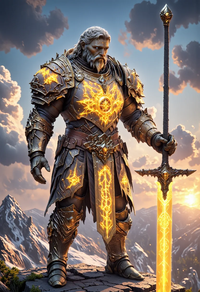 photoréalistic highly detailed high-resolution body-Shot photography featuring Tirion Fordring Old Noble Paladin, blue eyes, a wears a grey beard, grey mustache and grey long hair,he have large shoulders .he wears an armor made of 24 carat gold, he wears pauldrons made of yellow crystal glass that glows with bright holy light,bordered with gold and gauntelts too. (he brandishes by its pommel a legendary longsword) of light named ashbringer with a big golden coin that glows embedded in the blade. he stands on a mountain .clear with some cloud and the sun is setting casting a warm atmosphere