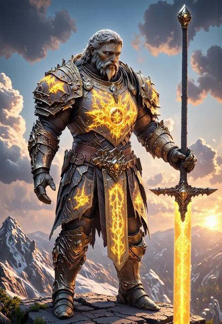 photoréalistic highly detailed  high-resolution  body-Shot photography featuring Tirion Fordring Old Noble Paladin, blue eyes, a wears a grey beard, grey mustache and grey long hair,he have large shoulders  .he wears an armor made of 24 carat gold, he wears pauldrons made of yellow crystal glass that glows with bright holy light,bordered with gold and gauntelts too. (he brandishes by its pommel a legendary longsword) of light named ashbringer with a big golden coin that glows embedded in the blade. he stands on a mountain .clear with some cloud and the sun is setting casting a warm atmosphere