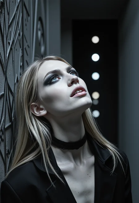 Cinematic low-light photo, closeup portrait of ghostly pale hungarian super model with long blonde hair in a crazy eccentric style. Her head is tilted upwards to the side and looking to the top right, her mouth slightly open in an expression of wonder or surprise. She is wearing intense makeup dominated by excessive use of black eyeshadow and lipstic. A lace choker can be seen adorning her slender neck. The overall style is unconventional and avant-garde. Her piercing light blue eyes contrast against the dark makeup. The scene is set in a narrow corridor with occult and alchemical symbols carved into the walls. Volumetric lighting accentuates the dim light. Particles floating add to the atmosphere of the dark scenery. The image is highly detailed and hyper realistic, its composition asymmetrical and dynamic. <lora:flux\flux_stefan_gesell_15> <lora:flux\flux_inred_style_v1> <lora:flux\flux_skinny_slider> <lora:flux\flux_35mm_joycap>