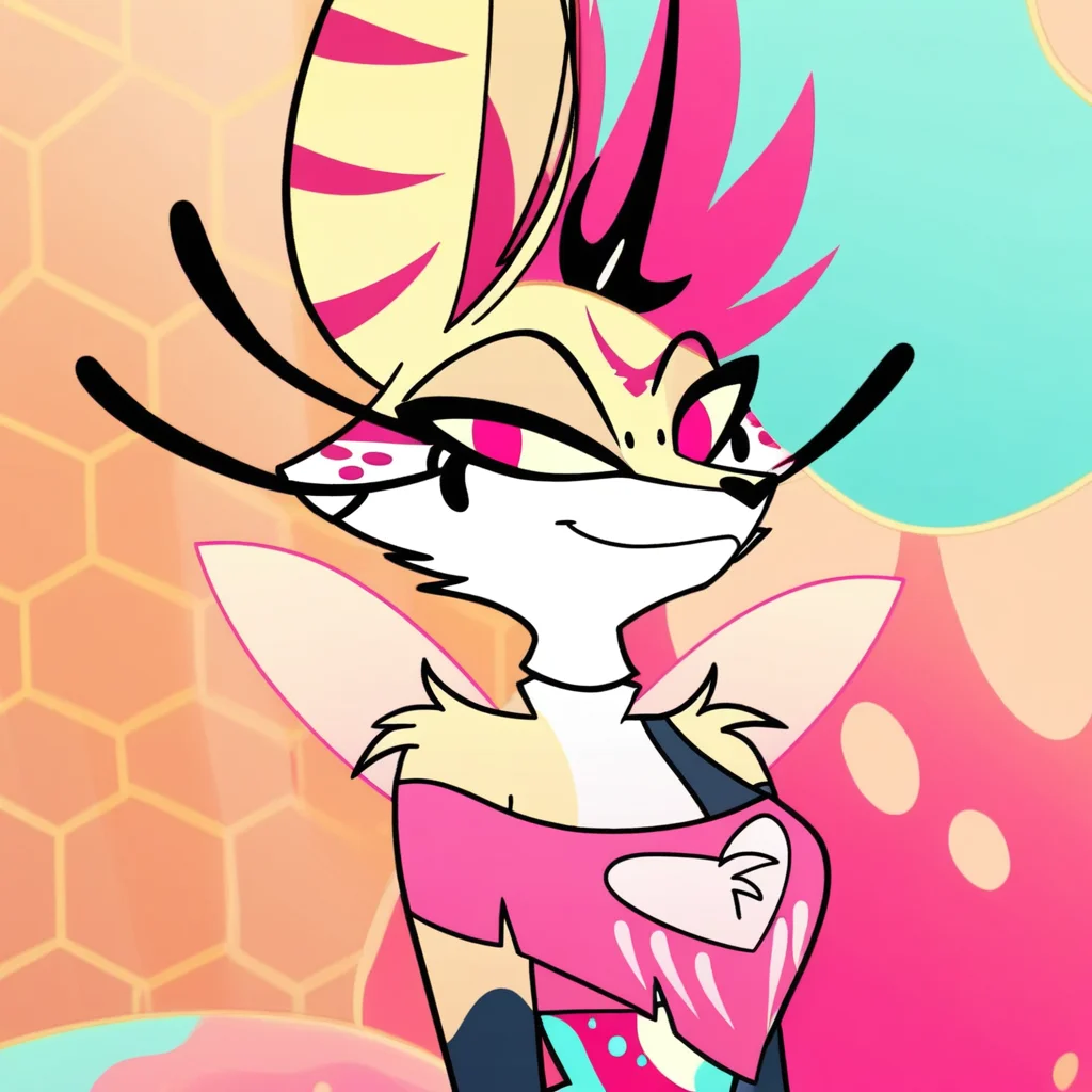 Queen Bee, furry, multicolored hair, pink eyes, pink top, boob window, looking at you