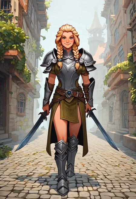 score_9, score_8_up, score_7_up, 1girl, female, dwarf, thicc, buff, beefy, stout, freckles, light blonde hair, large braids, full armor, paladin armor, halfbody Portrait, royal cape, wielding a large tower shield, focus from Front, close up, naughty smile, cheek dimples, looking at viewer, shoulder, arched back, cobblestone street, small bridge, outside a kingdom, fantasy, dnd