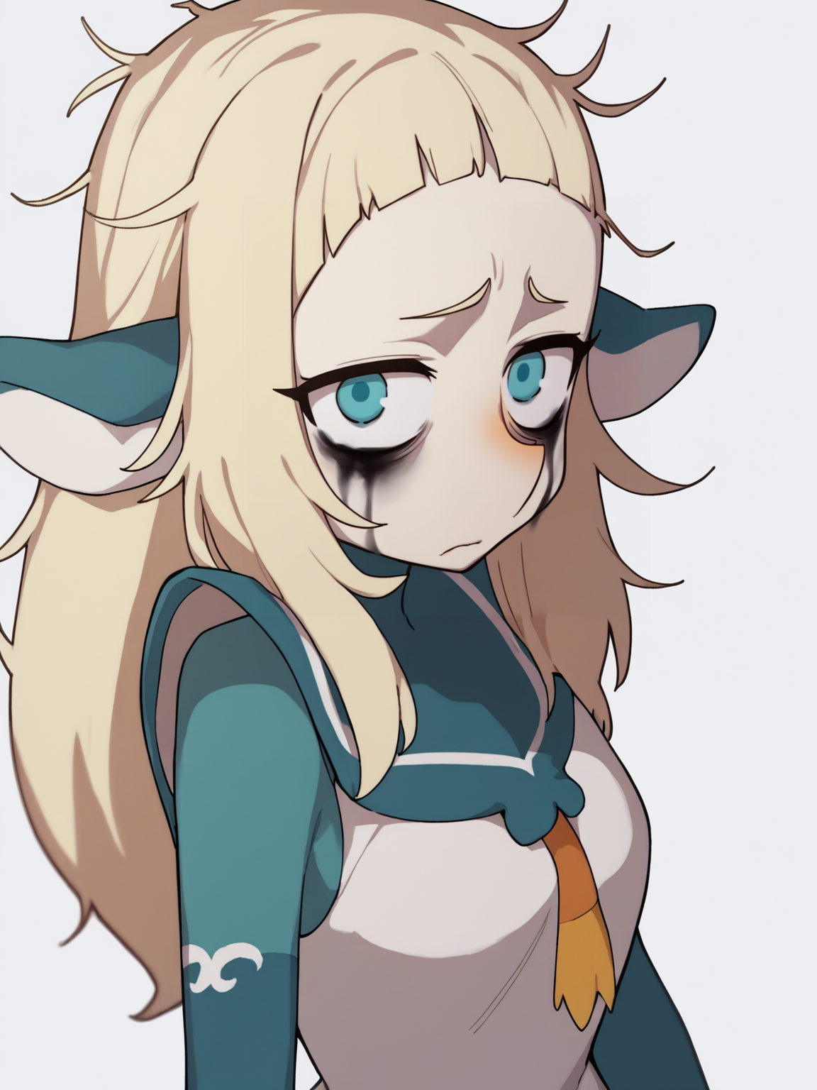 score_9, score_8_up, score_7_up, score_6_up, score_5_up, score_4_up, BREAK, source_cartoon, source_anime,
1girl, bakarajurgen, blonde hair, long hair, blue eyes, bags under eyes, blush, messy hair, runny makeup,
upper body, looking at viewer, solo, simple background, white background  <lora:BakaraJurgenXL:1>