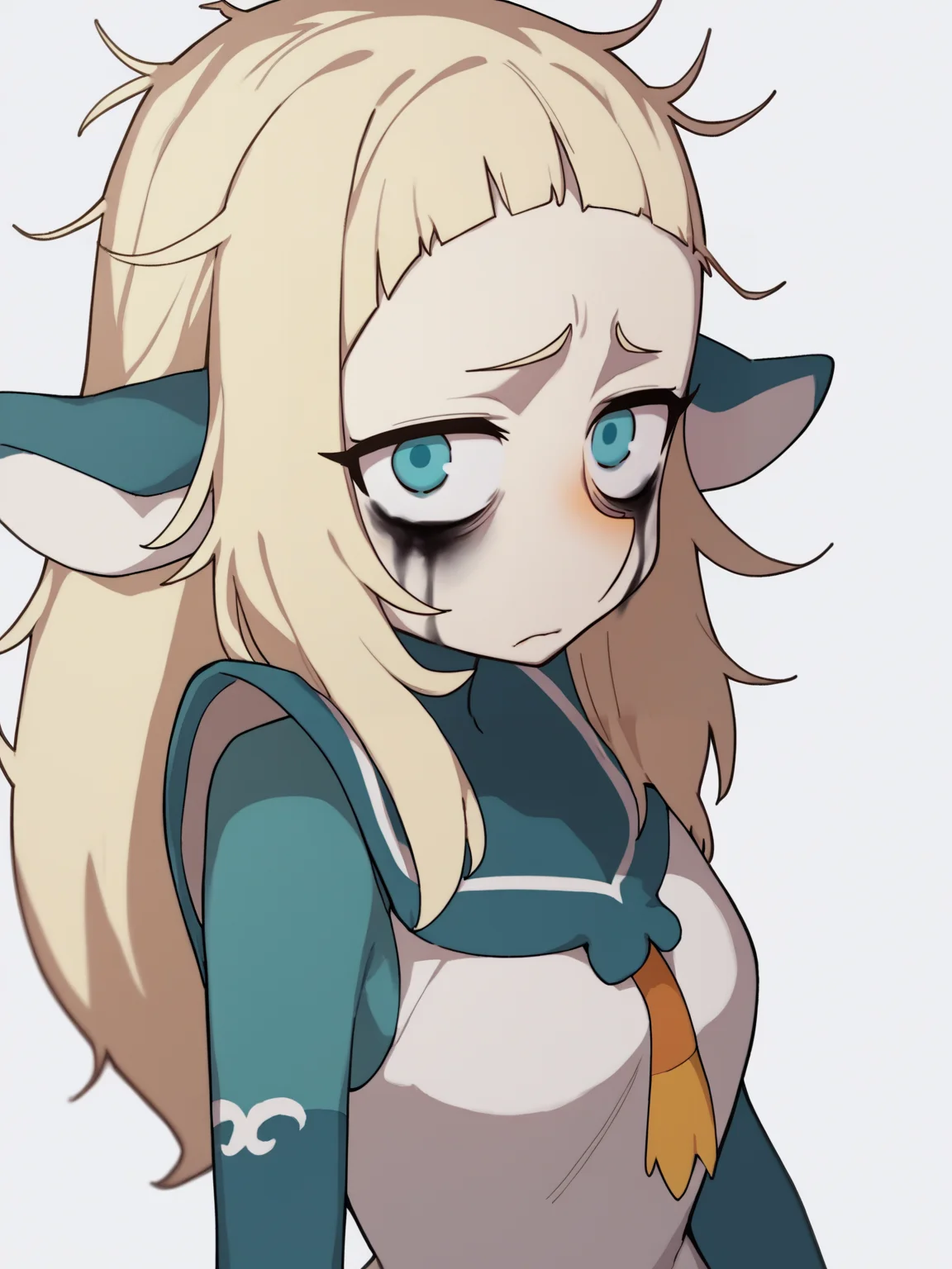 score_9, score_8_up, score_7_up, score_6_up, score_5_up, score_4_up, BREAK, source_cartoon, source_anime,
1girl, bakarajurgen, blonde hair, long hair, blue eyes, bags under eyes, blush, messy hair, runny makeup,
upper body, looking at viewer, solo, simple background, white background <lora:BakaraJurgenXL:1>