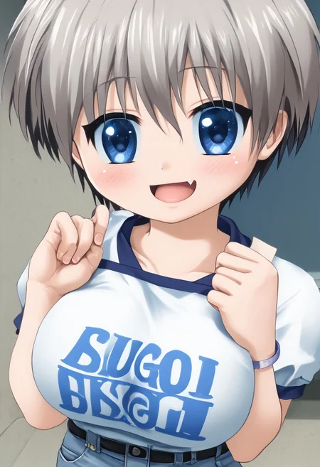 score_4,score_5,score_6,score_7_up,score_8_up,score_9
((masterpiece,best quality,ultra detailed,highres,HD,4k:1.2)),
(large breast,huge breast:1.2),1 cute girl,solo,upper body,
1girl, uzaki hana, grey hair, short hair, hair between eyes, bangs, blue eyes, skin fang,
black pantyhose, boots, bracelet, clothes writing, denim blush,Cheeky smile, happy,
