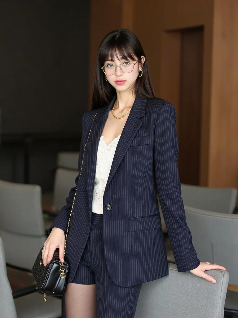 There are wonderful studio lights and various reflections,
18yo beautiful cute girl with blushing and female orgasm.skin naturally showing the texture of blood vessels and detailed pale skin,
--,
<lora:Nakajo_Ayami_f1:1>,she is Nakajo Ayami, --,This image shows a young woman standing in an indoor space,her body slightly turned towards the camera. She is wearing a navy blue pinstriped suit,with a white lace camisole underneath,the suit jacket unbuttoned to reveal the camisole. She is wearing a pair of gold-rimmed glasses,her long hair cascading over her shoulders,and a delicate chain necklace. She is wearing black stockings and black high heels with gold embellishments. She is carrying a black quilted chain-strap bag.Her posture and expression convey confidence and sophistication. One hand rests on the back of a gray chair,the other holding her bag. The background is a blurred indoor space,with gray chairs and a brown wall,creating a modern and refined atmosphere. The overall lighting is soft,highlighting the woman's elegance and charm.,