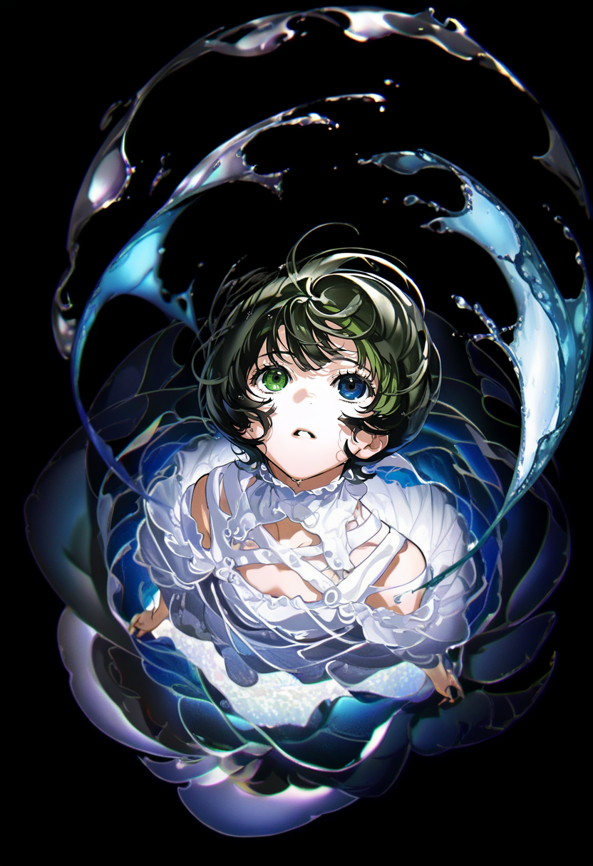 1girl, heterochromia, solo, looking up, parted lips, blue eyes, green eyes, short hair, dress, looking at viewer, water, white dress, green hair, black hair, black background, bangs <lora:yoneyamaiXL_NBVP1_lokr_V6311PZ:0.95>