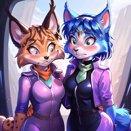 score_9, score_8_up, score_7_up, score_6_up, high quality, detailed, great lighting, beautiful, masterpiece, 4k, clean, crisp, cinematic,, duo, BREAK
Krystal, Krystal_StarFox, anthro fox, fox girl. blue fur, white muzzle, blue hair, blue jumpsuit, BREAK
Miyu Swift, anthro lynx, lynx girl, tan fur, brown ears, lavender jumpsuit, teal neckerchief, BREAK
2girls, ((nervous)), worried, surprised, standing, anthro, curvy, clothed, open jacket, awkward, frown, side by side, equal height, eye contact, blushing