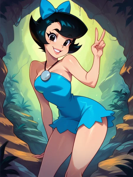 score_9, score_8_up, score_7_up, 1girl, dynamic pose, cowboy shot, looking at viewer, detailed background, smile, cute pose, v, cute pose, cavern, vegetation, blue walls,
<lora:ABettyRubble_character:0.85>, BettyXLP, short hair, hair bow, black hair, black eyes, blue short dress, bare legs, makeup, cartoon, <lora:KajinmanLycoXL:0.7>,