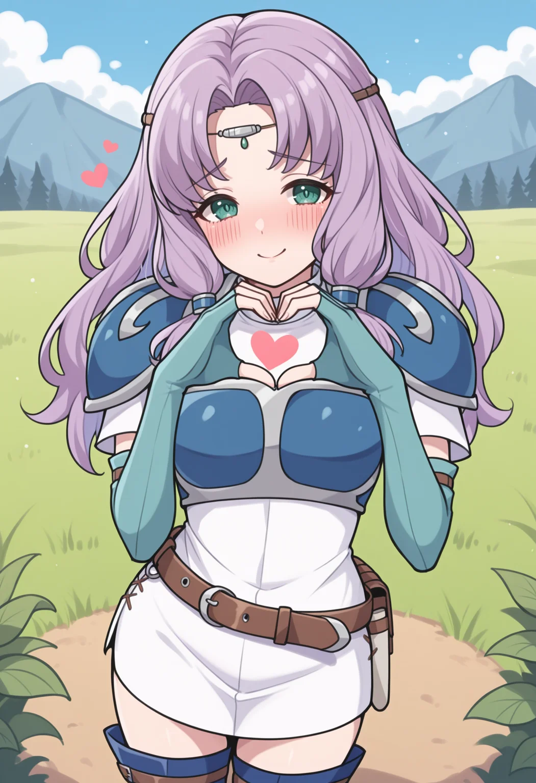 masterpiece, best quality, <lora:NSFlorina:1> NSFlorinaMain, green eyes, blue thigh boots, belt, white dress, blue breastplate, blue pauldrons, short sleeves, teal fingerless elbow gloves, circlet, parted bangs, high collar, light purple hair, long hair, low-tied sidelocks, heart-hands, smile, heavy blush, shy, outdoors, blue sky, mountains
