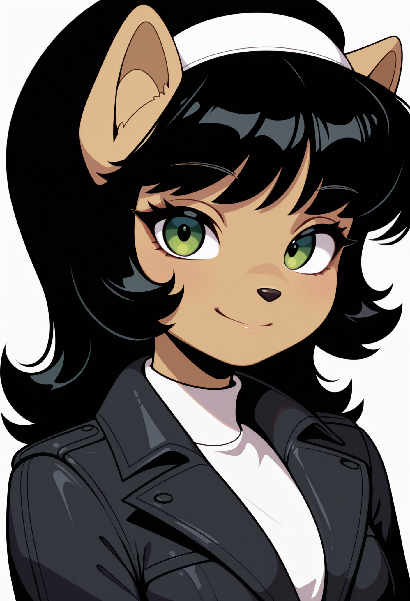 1girl, solo, looking at viewer, white background, portrait, smile, 
furry female, black hair, medium hair, white hairband, green eyes, animal ears, animal nose, 
black jacket, white shirt, long sleeves, 
masterpiece, best quality, <lora:kittykatswell-guy90-Illust-LoraV1:1>, lletik