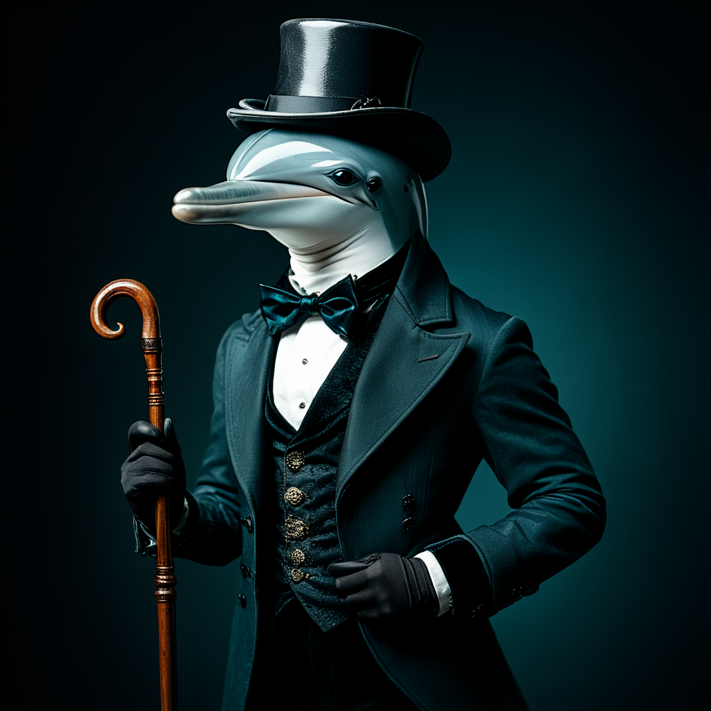 <lora:AnthropomorphicSDXL:1> Anthropomorphic, cinematic setting, The image shows a dolphin wearing a top hat and coat holding a cane against a dark background., hat, top hat, bowtie, bow, gloves, solo, cane, 1boy, black gloves, male focus