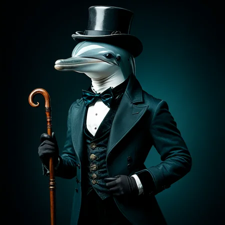 <lora:AnthropomorphicSDXL:1> Anthropomorphic, cinematic setting, The image shows a dolphin wearing a top hat and coat holding a cane against a dark background., hat, top hat, bowtie, bow, gloves, solo, cane, 1boy, black gloves, male focus