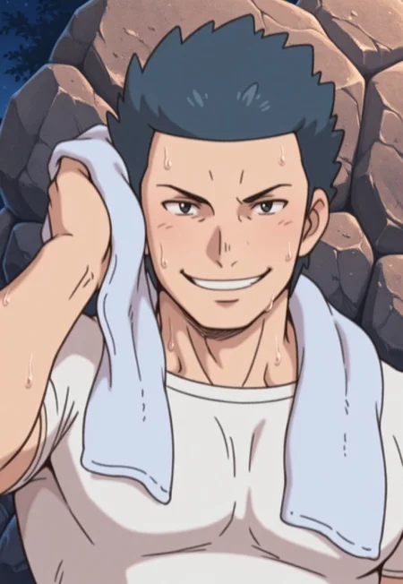 solo, masterpiece, modern, new, 1boy, male, masculine face, daddy looking face, w0lfc0nf

PokemonCanalaveRef, dark blue hair, white shirt, towel around neck, headshot, looking at viewer, smiling, rocks in background, wiping sweat