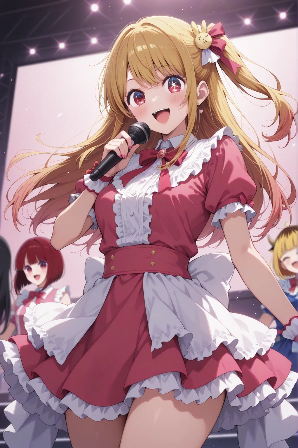 masterpiece best quality, absurdres very aesthetic, general, depth of field,intricate details, thin main lined,
((3 girls are singing on the stage)), (arima kana:1.1, memcho:1.2, hoshino ruby:1.0), (oshi no ko:1.2), high-teens cute girls, ;D,
(singing on the stage in background),holding a microphone, frilly (idol costume),
from front view,medium full shot,cinematic angle, <lora:neg4all_bdsqlsz_xl_V91:1>, <lora:aesthetic_anime_v1s:0.6>