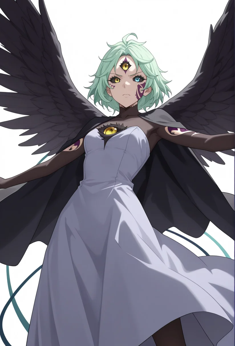 Smooth Quality,masterpiece,very intricate, high quality details, ultra realistic, high detailed skin,detailed enviorement,absurdres,
simple background, white background,solo,angry,
from below,dancing,
kubrick stare,
<lora:Mjurran_cnn:0.7> mjurrancnn, demjurrancnn,1girl, short hair, + long hair, green hair, yellow eyes, blue eyes, facial mark, colored sclera, black sclera, heterochromia, third eye, extra eyes,
dress,black cape,wings,