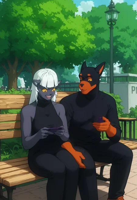 score_9, score_8_up, score_7_up, panth3rba0, d0gg0u, leaning on person, (looking at phone, looking down), park, sitting, outdoors, hands, park bench, holding phone, happy, funny, yellow eyes, 
 <lora:Lostreak chicken_epoch_5:1>