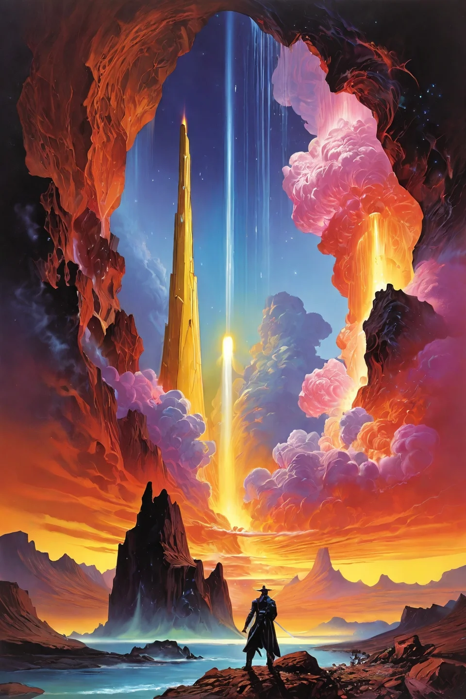 Landscape,Landscape creator,Doorto other world, A volcanic plateau bleeding liquid gemstones sulfur geysers forming topaz obelisks, black hole accretion disk as polar light show, A proliferation of crystalline roses singing in ultrasonic frequencies, eternal monsoon with rains rewriting topography, thermals lifting iridescent pollen sheets, Art painting by Piotr Jabłoński and Boris Vallejo , featured on Boris Vallejo,,
<lora:extremely_detailed:0.7> extremely detailed ,
<lora:add-detail-xl:0.7>,
<lora:softdigital2x2:0.15>,
<lora:EpicF4nta5yXL:0.3>,, Magic realism painting art style, surreal compositions, vibrant colors, blurs the line between reality and fantasy