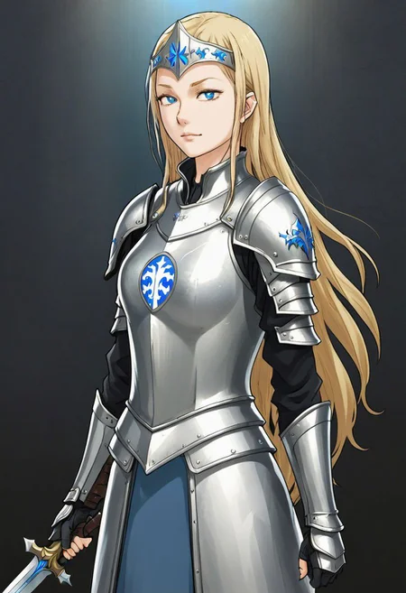 masterpiece, best quality,
kd_vnstyle
1girl, solo
Long blond hair,
Blue eyes, ((knight, armor, medieval)
Standing, stern look