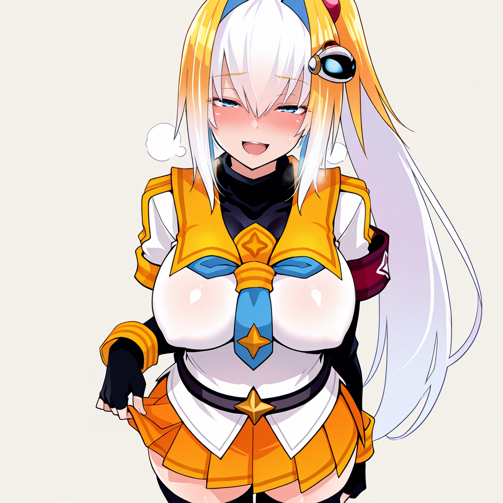 Platinum \(bombergirl\),<lora:Platinum1:1>,yellow hair,white hair,multicolored hair,two-tone hair,ponytail,
looking at viewer,blush,half-closed eyes,:d,heavy breathing,lifting own clothes,
1girl,thighhighs,breasts,skirt,necktie,solo,large breasts,fingerless gloves,gloves,orange skirt,black thighhighs,zettai ryouiki,impossible clothes,school uniform,score_9,score_8_up. score_7_up,masterwork,masterpiece,standing,simple background,