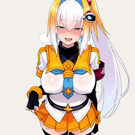 Platinum \(bombergirl\),<lora:Platinum1:1>,yellow hair,white hair,multicolored hair,two-tone hair,ponytail,
looking at viewer,blush,half-closed eyes,:d,heavy breathing,lifting own clothes,
1girl,thighhighs,breasts,skirt,necktie,solo,large breasts,fingerless gloves,gloves,orange skirt,black thighhighs,zettai ryouiki,impossible clothes,school uniform,score_9,score_8_up. score_7_up,masterwork,masterpiece,standing,simple background,