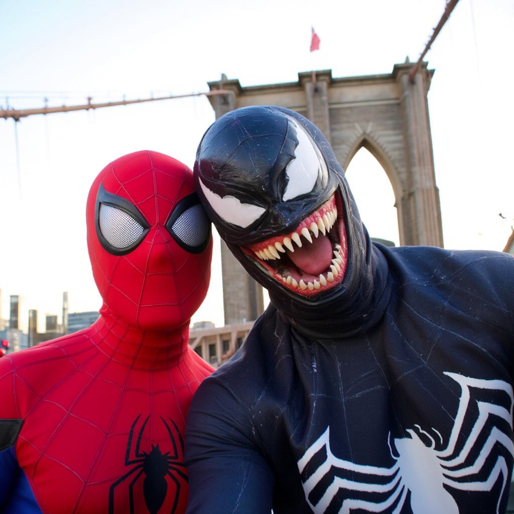 Spider-Man and Venom taking a selfie together, in front of th Brooklyn Bridge, taken by Kodak MC3 camera