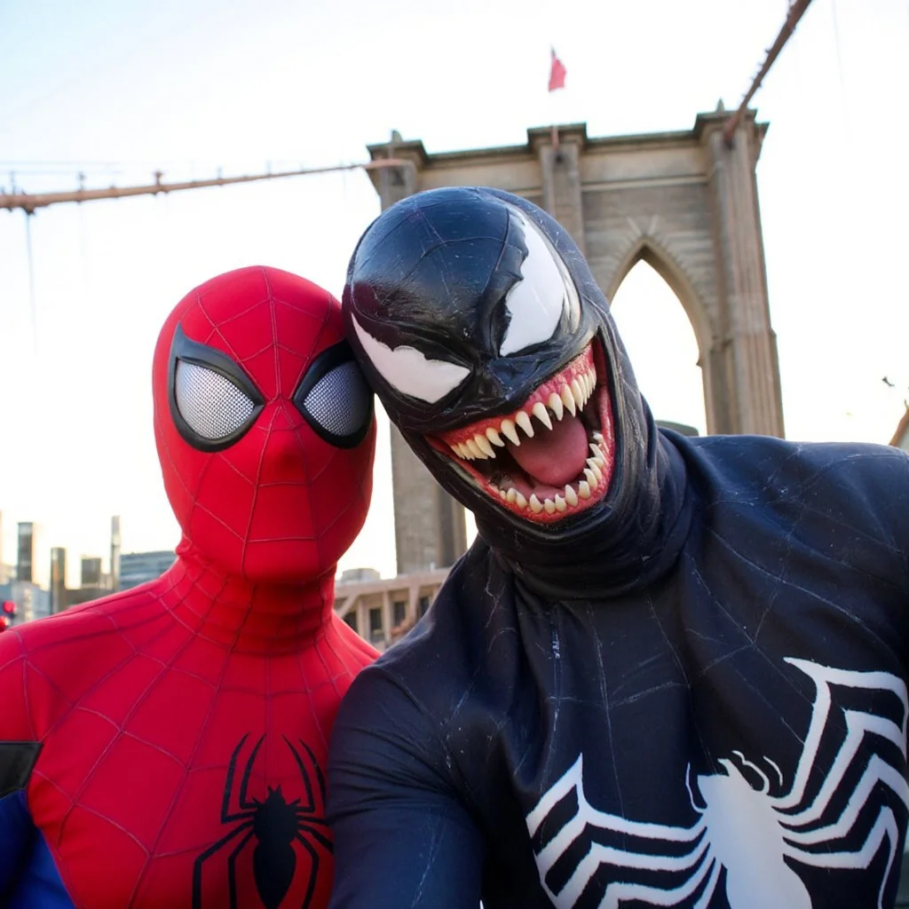 Spider-Man and Venom taking a selfie together, in front of th Brooklyn Bridge, taken by Kodak MC3 camera