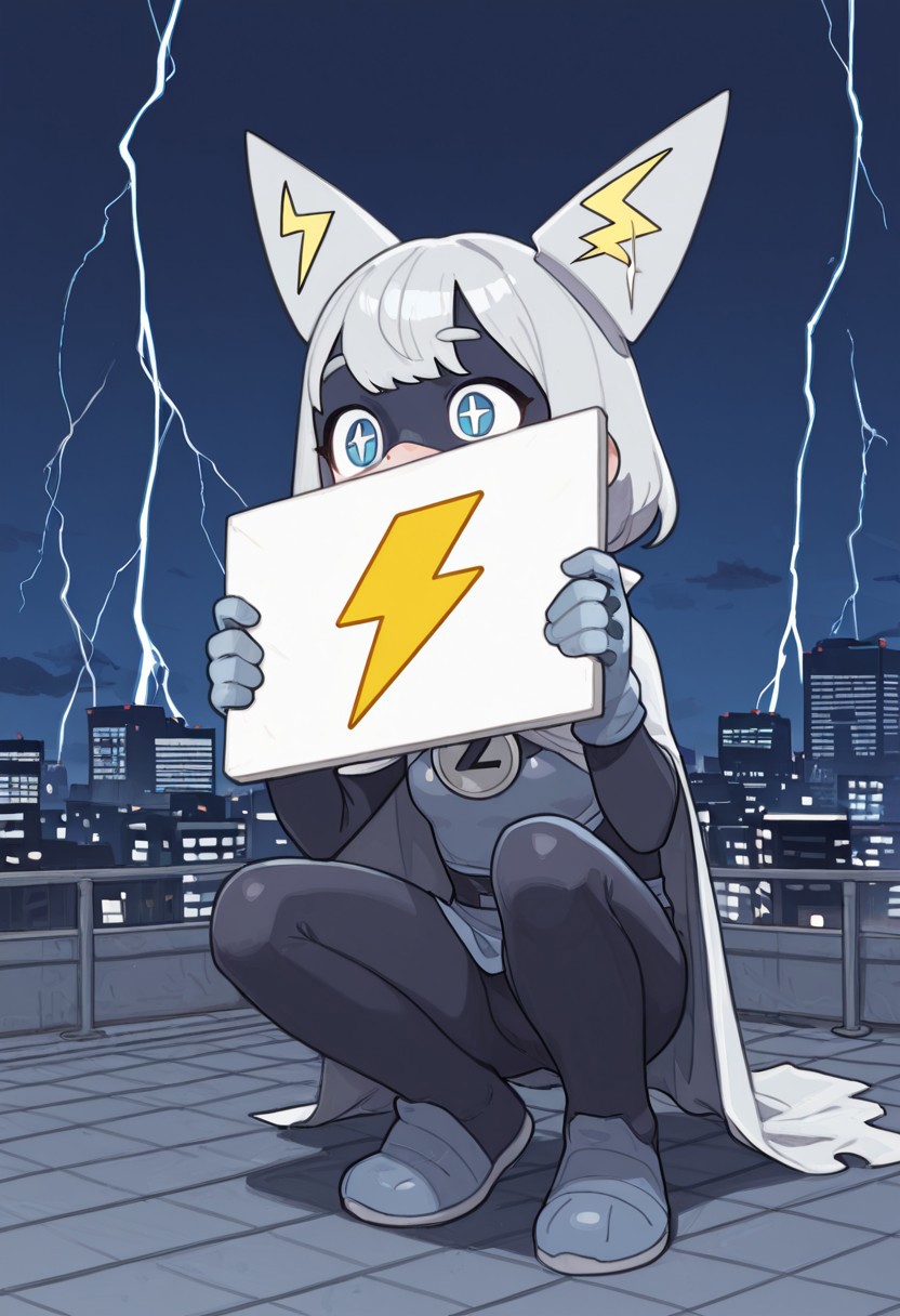best quality, newest, absurdres, highres, high quality, masterpiece, source anime, 
super hero, crouching, rooftop, 
lightning bolt shaped ears, 
holding blank sign, sign saying "I'm Buzzman",
possmach,
city, night, detailed background,