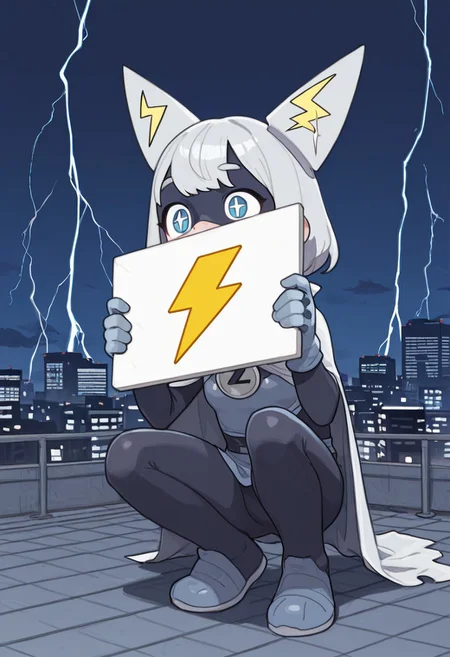 best quality, newest, absurdres, highres, high quality, masterpiece, source anime,
super hero, crouching, rooftop,
lightning bolt shaped ears,
holding blank sign, sign saying "I'm Buzzman",
possmach,
city, night, detailed background,
