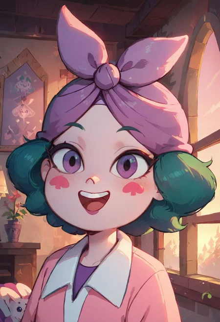 score_9, score_8_up, score_8, Eclipsa Butterfly, green hair, short hair, purple eyes, red spade blush stickers, dark hands, pink pajamas, purple bandana, dark purple shirt, purple belt, white bunny slippers,
upper body, in a room, sunset, warm light, smile, open mouth, upper teeth,