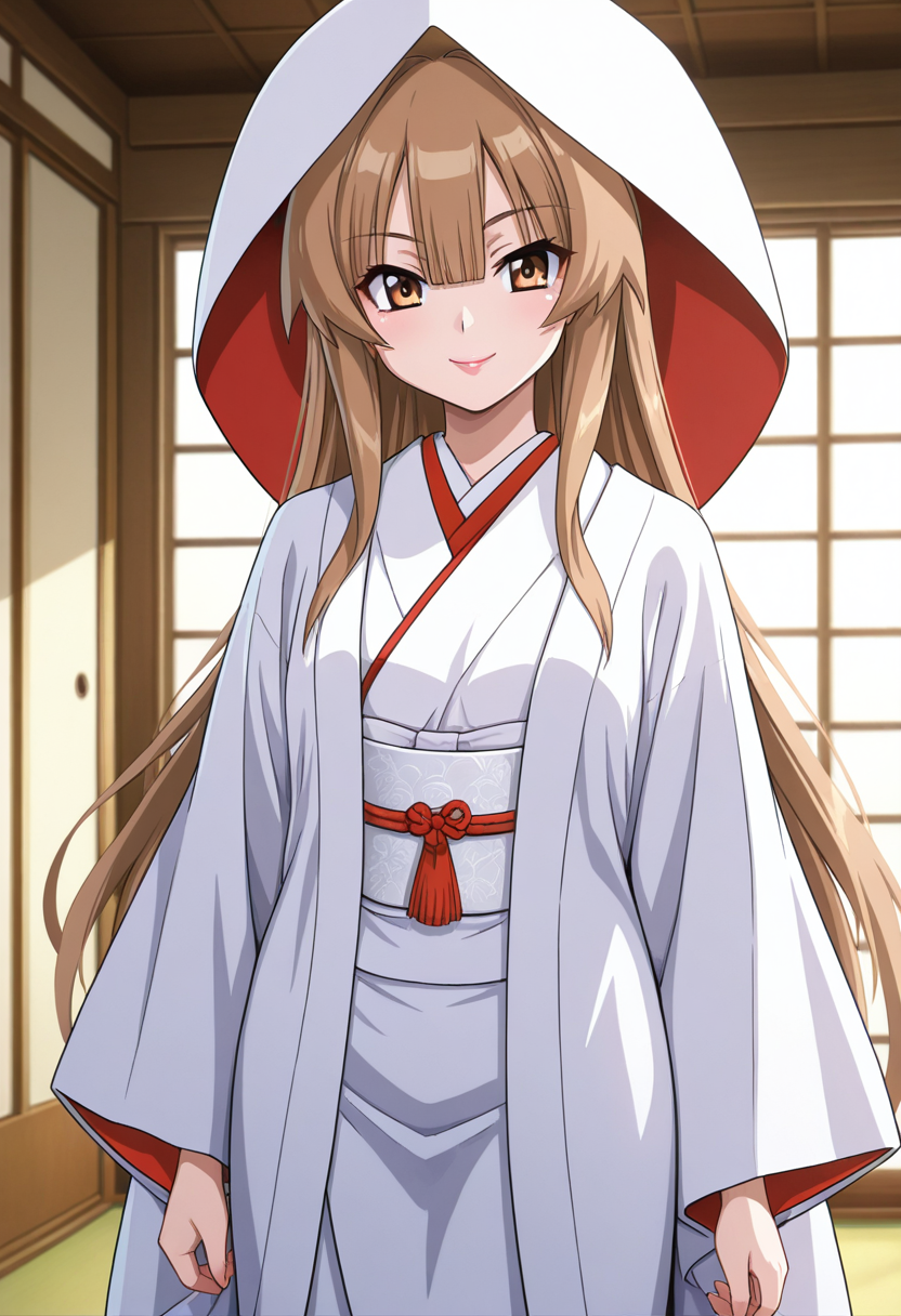 masterpiece, best quality, amazing quality, 1girl, solo, cowboy shot, sunww, brown eyes, brown hair, long hair, very long hair, bangs, pink lips, japanese clothes, wataboushi, uchikake, white kimono, sash, looking at viewer, smile, indoors, day, skindentation, detailed clothing folds, depth of field, sharp, high contrast, dynamic light <lora:Seto_Sun_Seto_no_Hanayome_ill_v10:0.9>