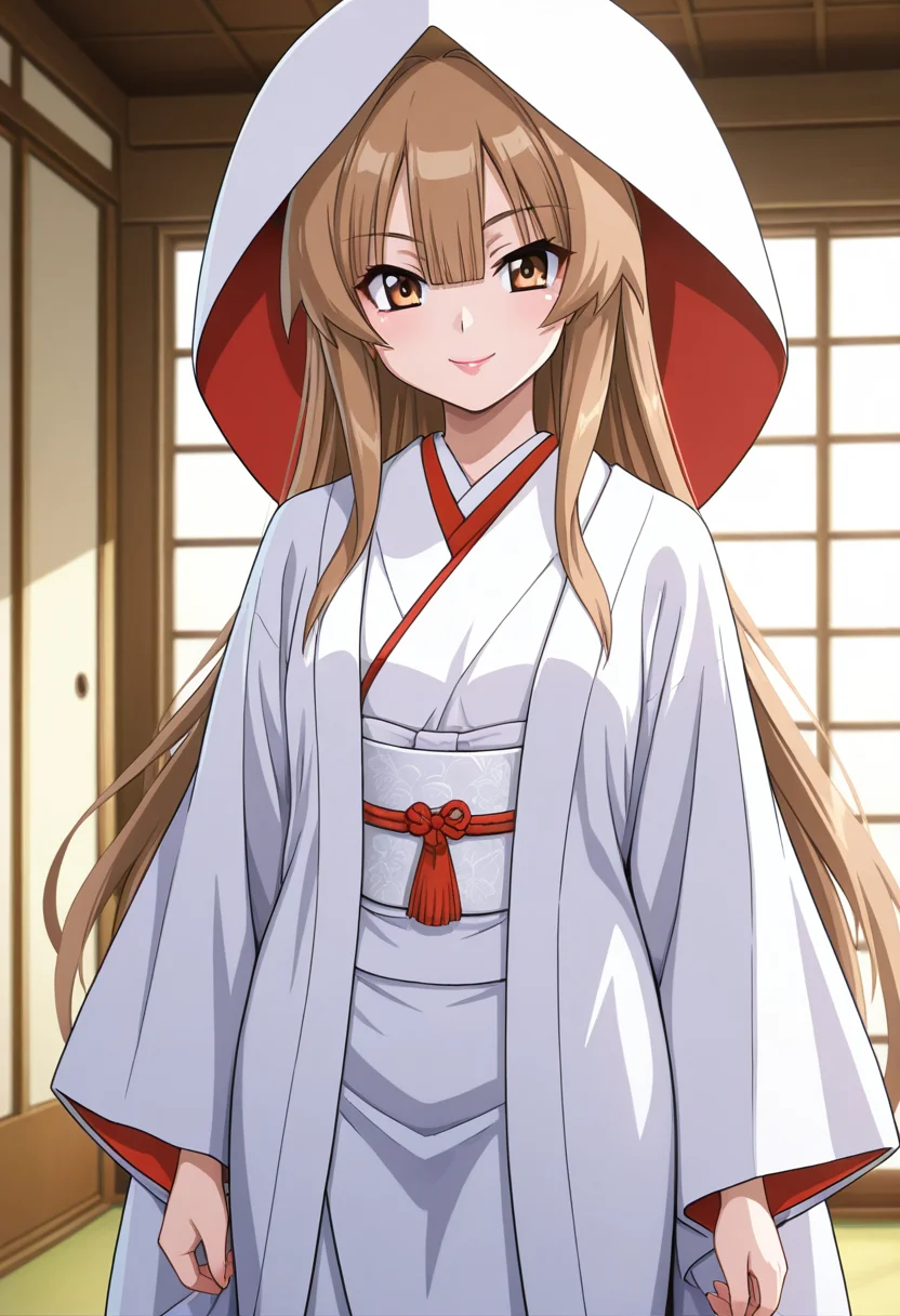 masterpiece, best quality, amazing quality, 1girl, solo, cowboy shot, sunww, brown eyes, brown hair, long hair, very long hair, bangs, pink lips, japanese clothes, wataboushi, uchikake, white kimono, sash, looking at viewer, smile, indoors, day, skindentation, detailed clothing folds, depth of field, sharp, high contrast, dynamic light <lora:Seto_Sun_Seto_no_Hanayome_ill_v10:0.9>