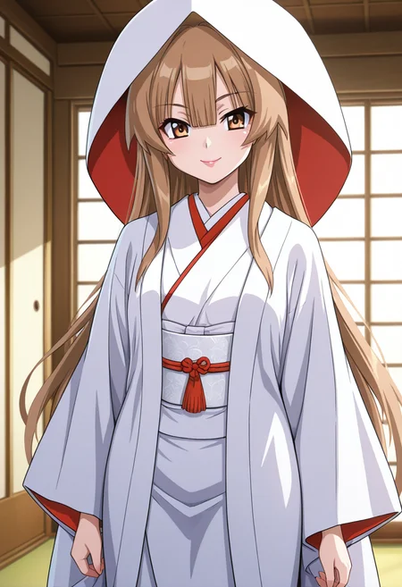 masterpiece, best quality, amazing quality, 1girl, solo, cowboy shot, sunww, brown eyes, brown hair, long hair, very long hair, bangs, pink lips, japanese clothes, wataboushi, uchikake, white kimono, sash, looking at viewer, smile, indoors, day, skindentation, detailed clothing folds, depth of field, sharp, high contrast, dynamic light <lora:Seto_Sun_Seto_no_Hanayome_ill_v10:0.9>