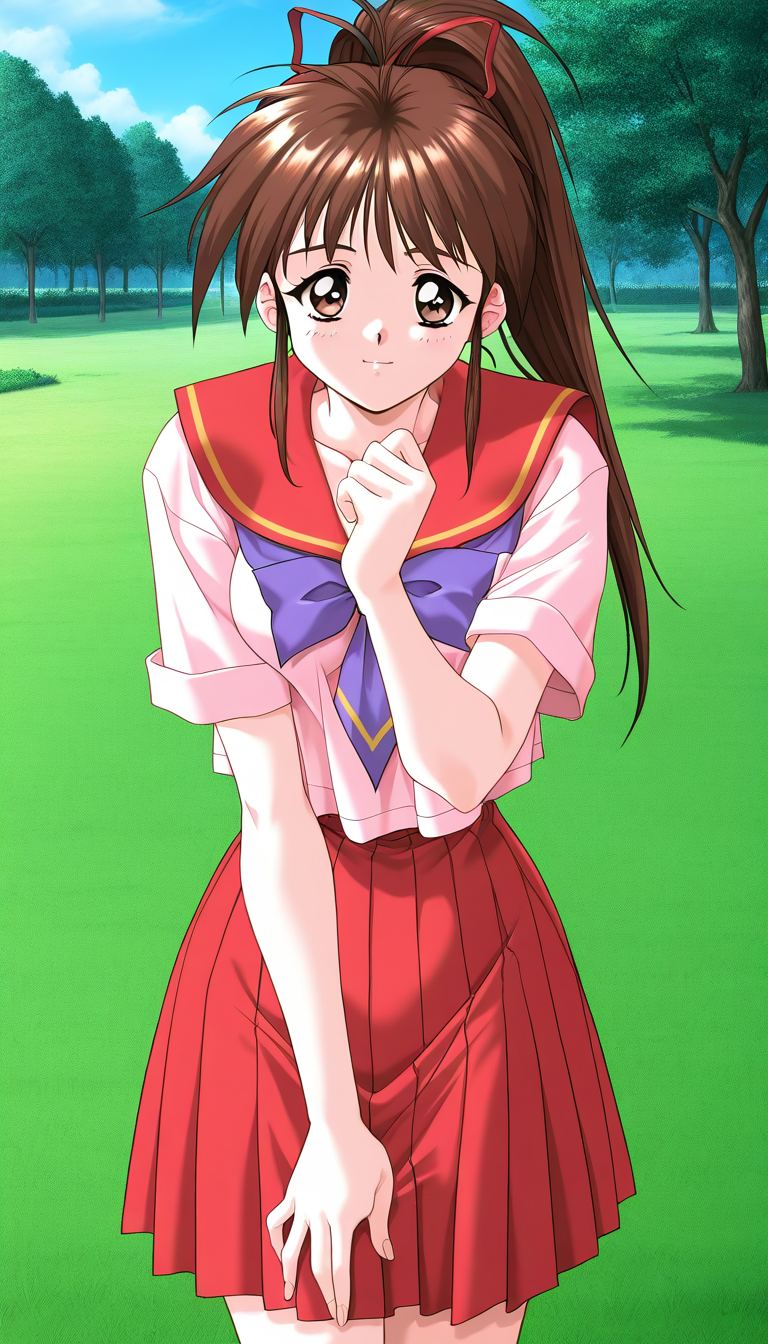 general,highres, game cg, ultra-detailed,very aesthetic,best quality ,best hands,  BREAK  <lora:Tanaka_Misa_IS:1>TanakaMisa, 1girl, brown hair,brown eyes, ponytail, long hair, breasts, hair ribbon, medium breasts,
school uniform, serafuku, red skirt, pleated skirt,  1990s (style), takei masaki style,
outdoor, day, grass,