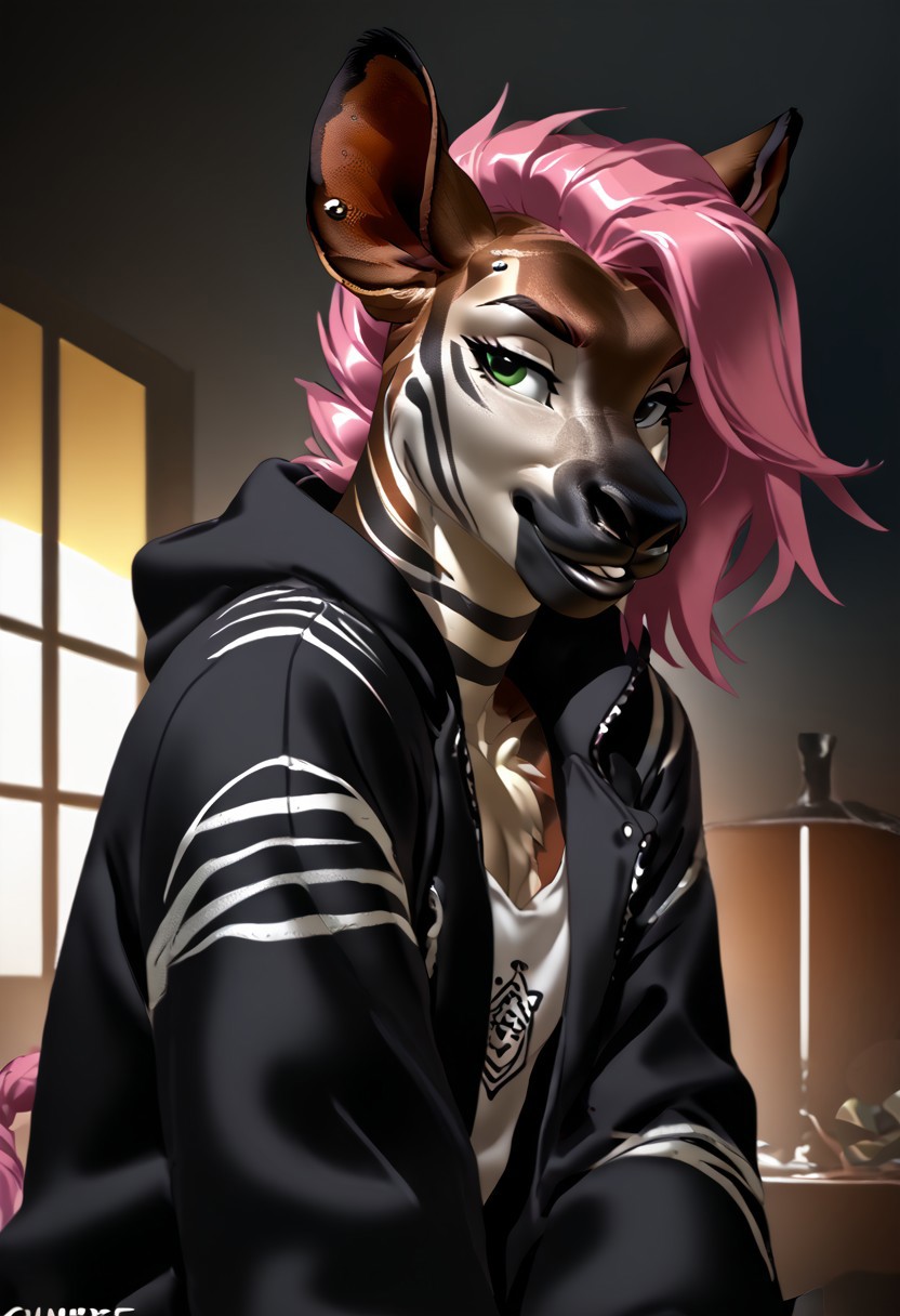 score_9, score_8_up, score_7_up, (by zummeng:1.5), (by jailbird:1.5), (by kittydee:1.5), masterpiece, best quality, (solo),  
(Furry Art : Anthro: okapi:1.5), 1girl, expressive eyes, feminine eyes, perfect face, feminine face, (neon pink hair with black highlights:1.5), (asymmetrical hair:1.5), feminine body, medium breasts, ossicone horns, multicolored fur, brown fur, white face fur, white fur on limbs, black horizontal strips on libs, (punk clothing:1.5), (green eyes),