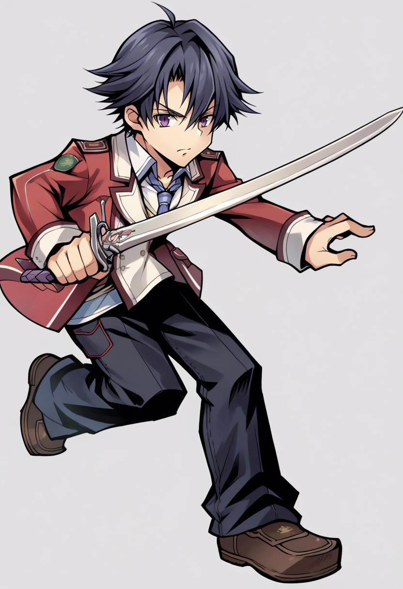 score_9, score_8_up, score_7_up, source_anime BREAK 1boy, solo,
<lora:zs_OperaOmniaStyleXL:1> operaomniastyle, full body, white background
 <lora:rean-pdxl-nvwls-v1:0.9> sen1rean, black hair, school uniform, red blazer, necktie, black pants, holding, sword