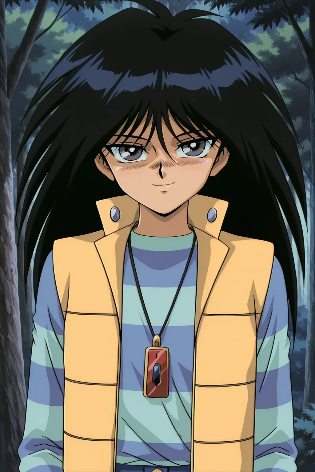 masterpiece,best quality,amazing quality, MokubaKaibaYGOILXL, 1boy, retro artstyle, grey eyes, black hair, long hair, bangs, flat chest, necklace, yellow vest, blue shirt, striped shirt, blue pants, solo, front view, (portrait, upper body), solo focus, seductive smile, looking at viewer, forest, tree    <lora:MokubaKaibaYGOILXL:1>