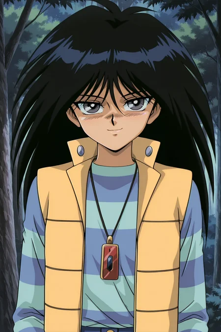 masterpiece,best quality,amazing quality, MokubaKaibaYGOILXL, 1boy, retro artstyle, grey eyes, black hair, long hair, bangs, flat chest, necklace, yellow vest, blue shirt, striped shirt, blue pants, solo, front view, (portrait, upper body), solo focus, seductive smile, looking at viewer, forest, tree    <lora:MokubaKaibaYGOILXL:1>