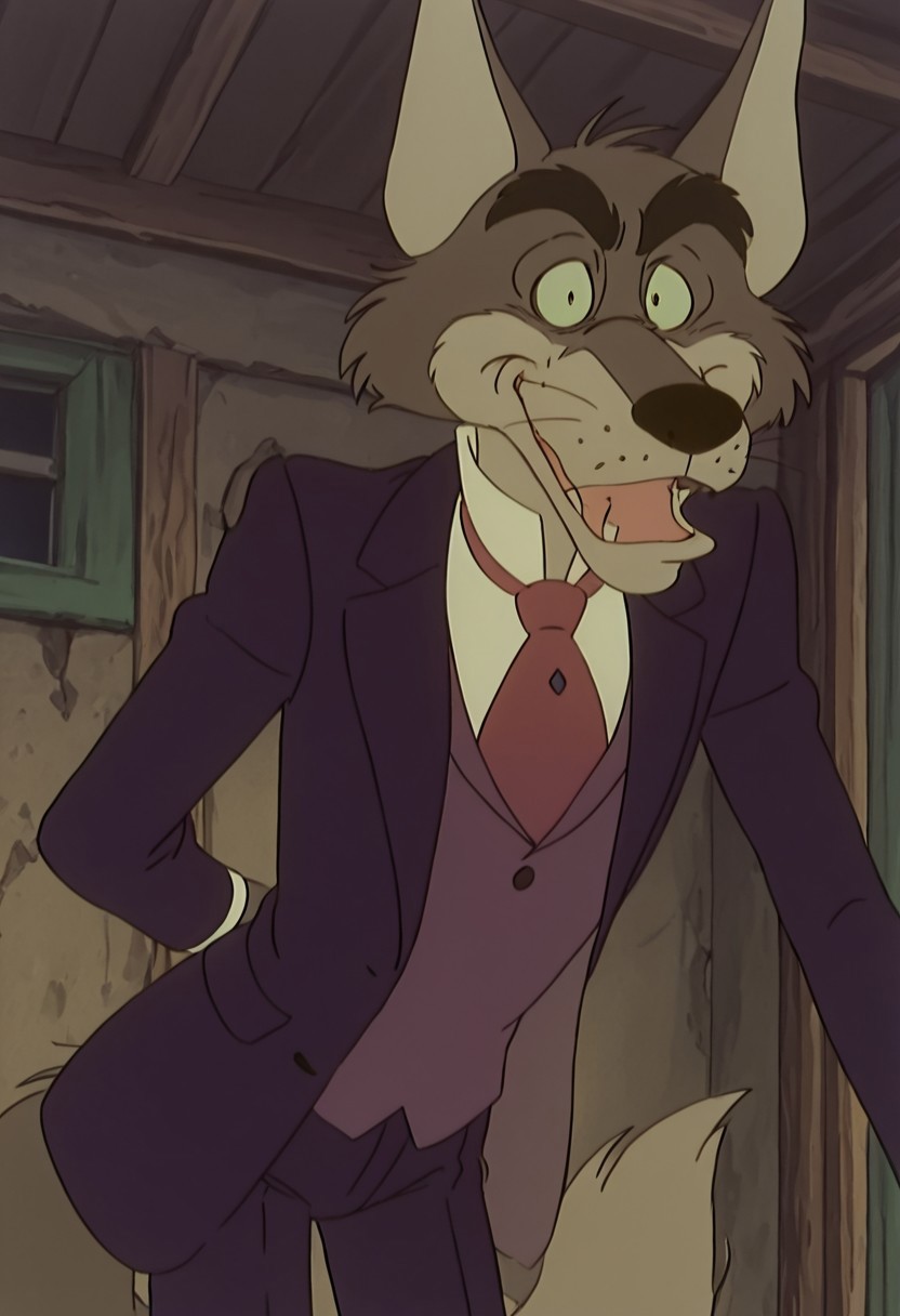 core_9, score_8_up, score_7_up, score_6_up, score_5_up, score_4_up, detailed background, Mr. Sullivan, highres, abandoned attic, looking at viewer, standing position, spreading, front view, narrowed eyes, furry, tail, anime, pupils, open eyes, thick eyebrows, skinny body, Old wolf, gray jacket, dark blue pants, tall, white shirt, tail, dark blue jacket, red gaiters with green diamonds.