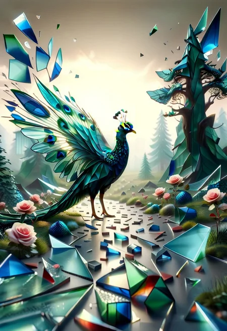 mesmerizing geometric patterns, geometric complexity, The wind , clouds high, tall trees, forest pathways, bloom of roses,(peacock made of mesmerizing geometric patterns of Glass Shard:1.5), open tail, grass. honeycomb, curvilinear
, score_9, score_8_up, score_8_up, masterpiece,super detailed face, super high resolution, FaceDetail, masterpiece-level, highly detailed, intricate details, detailed background, complex background, cinematic, intricately detailed illustration, depth of field, masterpiece, best quality, amazing quality, very aesthetic, absurdres, newest, very awa, shadow, lazympos, lazypos