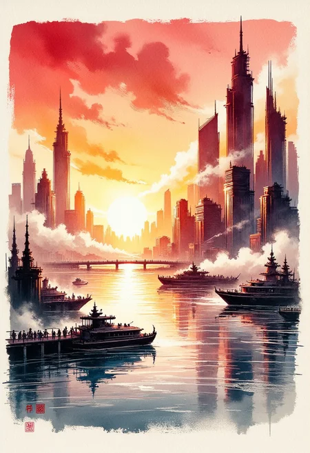 traditional japanese art style, ink on paper, wabi-sabi, henna and carmine, sepia, BREAK, inksketch in vivid, surreal colour gradient, gradient of vibrant neon colours, skyscrapers around a futuristic port city, harbour, futuristic ships, sunset, reflection, mist