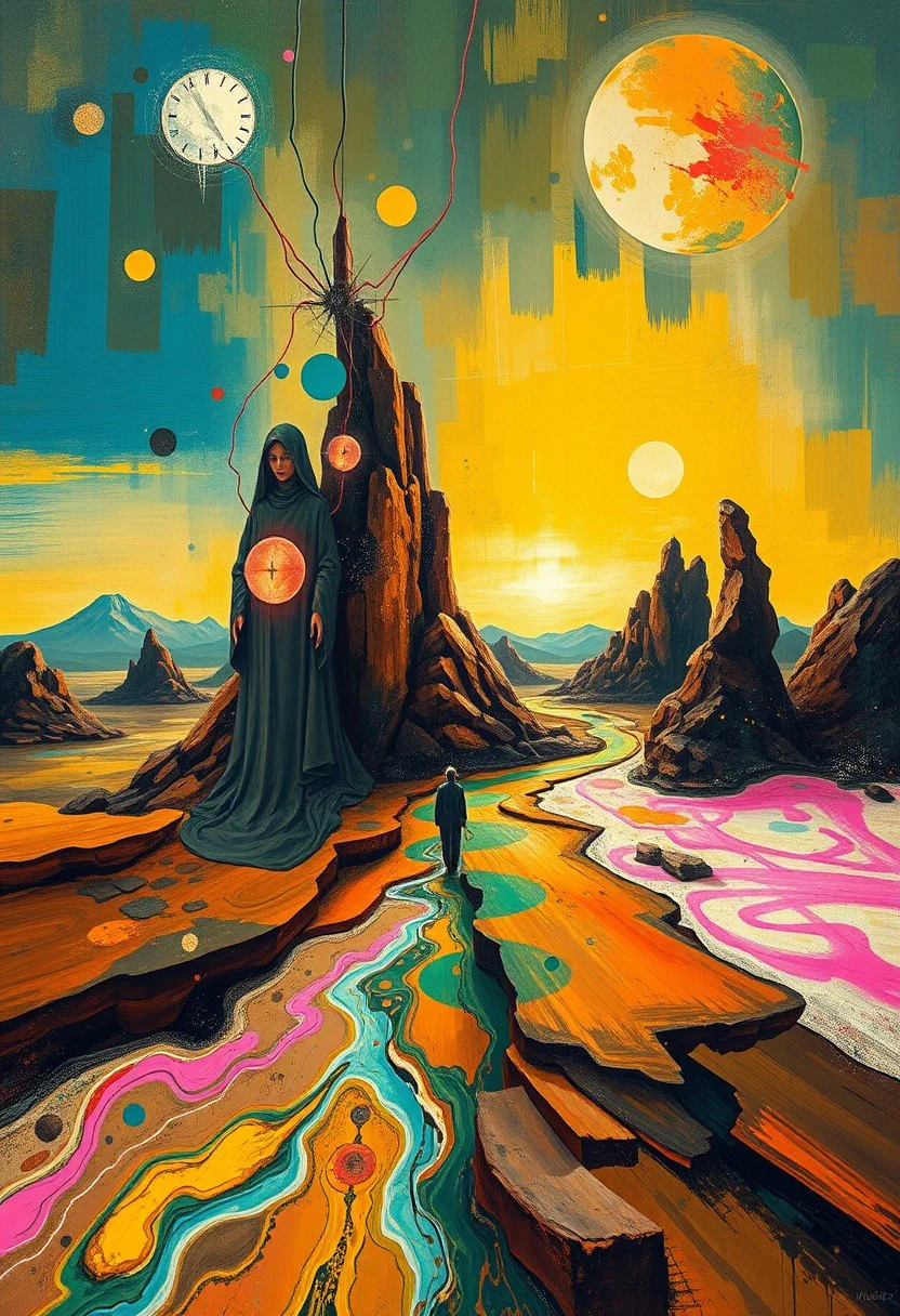 A Dali-esque masterpiece reimagined in the digital age—organic forms stretch and morph into glitching holograms, while a lone figure, half-human, half-machine, dissolves into liquid neon brushstrokes.
abstract art, natural landscapes, modernist, bold shapes, dynamic lines, depth, rhythm, vivid colors, earthy tones, gestural brushwork, organic energy, spiritual, geological forms