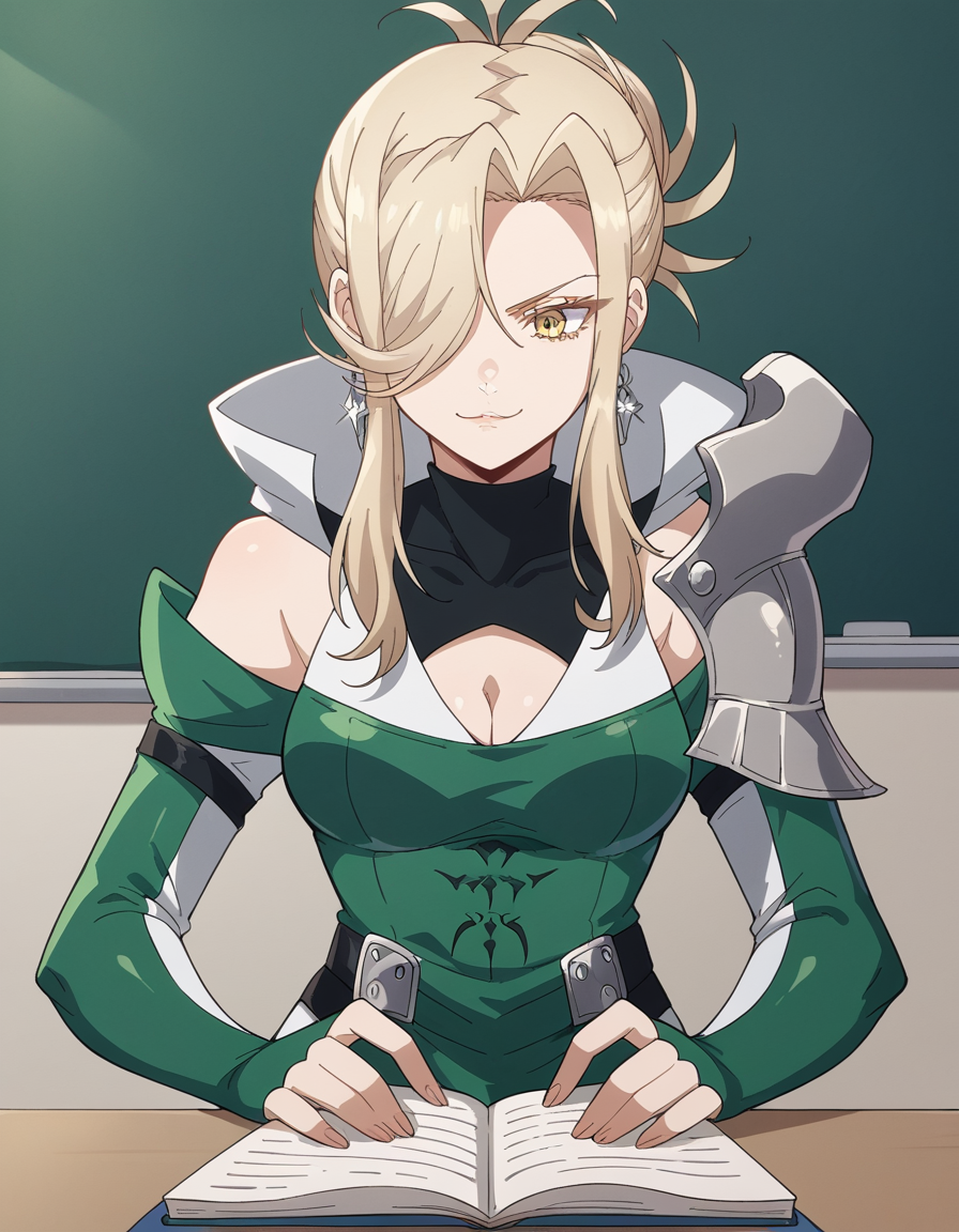 score_9, score_8_up, score_7_up, source_anime, <lora:vicious-s1-ponyxl-lora-nochekaiser:1>, vicious, long hair, blonde hair, medium breasts, yellow eyes, hair over one eye, hair bun, single hair bun, parted bangs, sidelocks, cleavage, jewelry, earrings, armor, clothing cutout, classroom, chalkboard, day time, studying, sitting, chair, desk,, , , smug, hand on hips,, solo,, cowboy shot, dutch angle