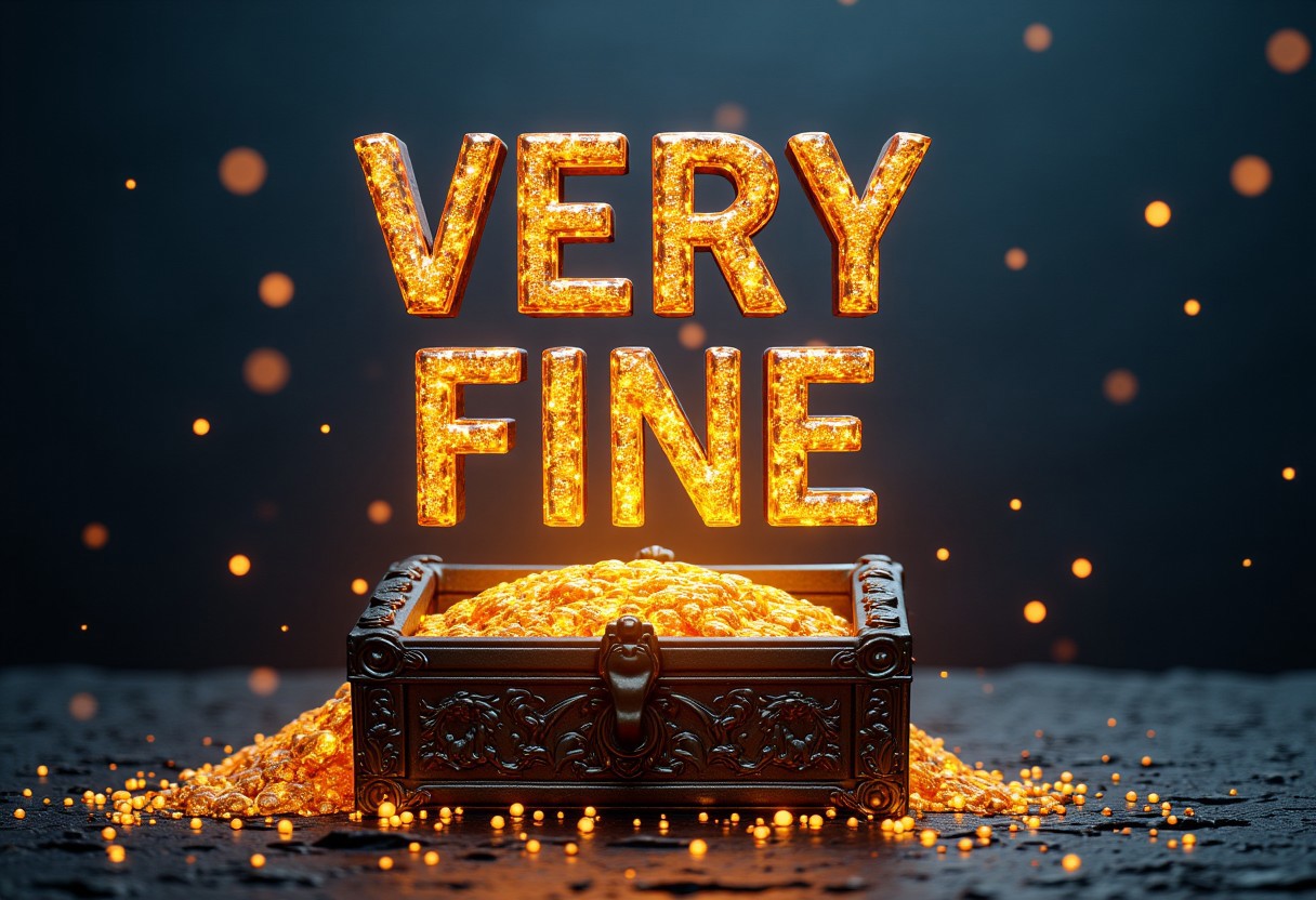 text floating in the air, a fatima magda of the words "Very Fine Text" hovering over a mystical glowing metal treasure trove.