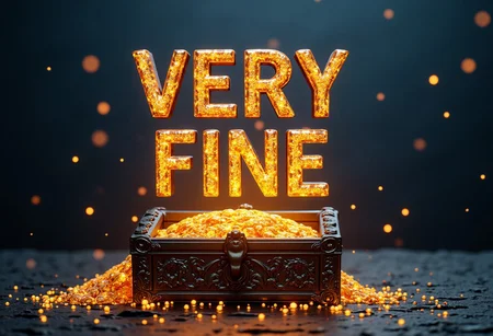 text floating in the air, a fatima magda of the words "Very Fine Text" hovering over a mystical glowing metal treasure trove.