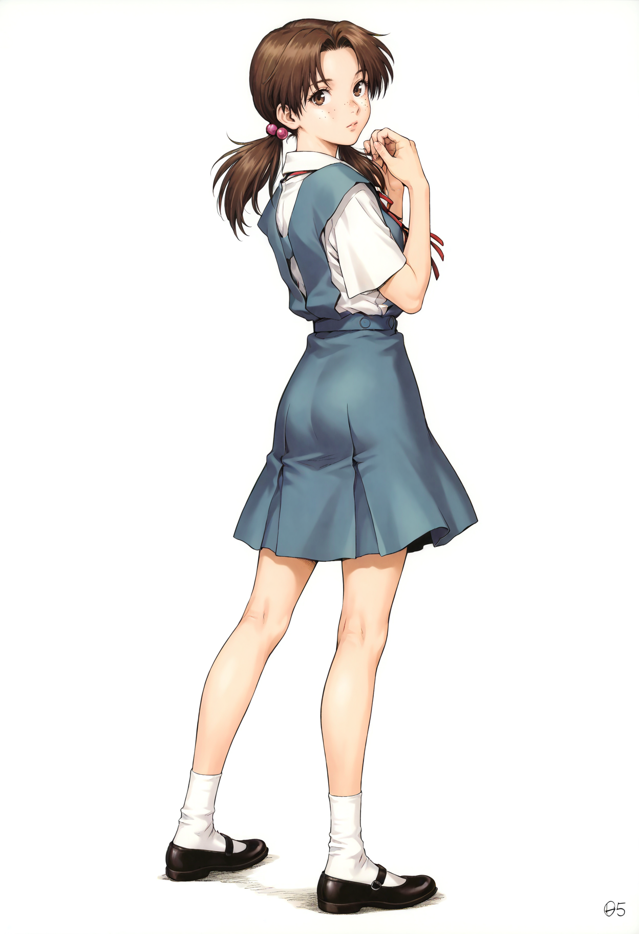 <lora:add-detail-xl:1>,masterpiece,best quality,absurdres,highres,detailed eyes,beautiful,detailed background,perfect eyes,realistic,
1girl,solo,full body,dynamic pose,white background,from behind,
<lora:Hikari_Horaki:1>,Hikari_Horaki,1girl,school uniform,freckles,twintails,brown hair,tokyo-3 middle school uniform,hair bobbles,shoes,mary janes,socks,hair ornament,skirt,ribbon,brown eyes,black footwear,white socks,long hair,short sleeves,